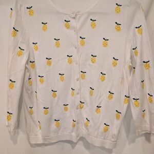 Talbots White Cardigan Yellow Lemons 3/4 sleeves fruit spring summer